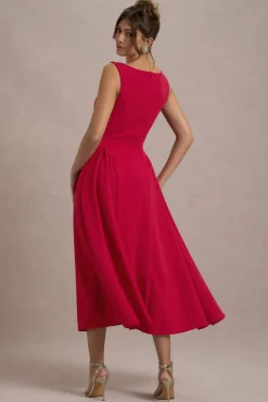 Muriel | Red Boat-Neck Volume-Hem Midi Dress