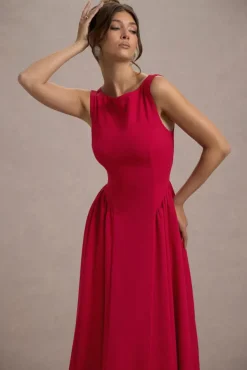 Muriel | Red Boat-Neck Volume-Hem Midi Dress