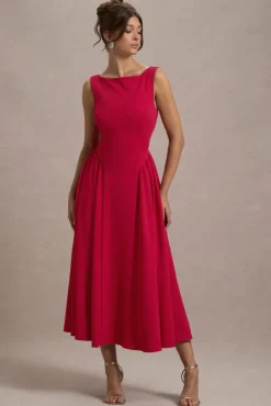Muriel | Red Boat-Neck Volume-Hem Midi Dress