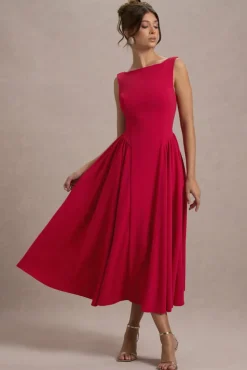 Muriel | Red Boat-Neck Volume-Hem Midi Dress