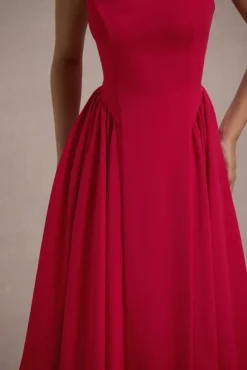 Muriel | Red Boat-Neck Volume-Hem Midi Dress