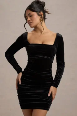 Muse | Black Velvet Long Sleeve Square Neck Ruched Mini Dress