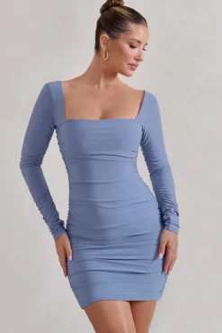 Muse | Cornflower Blue Long Sleeve Square Neck Ruched Mini Dress