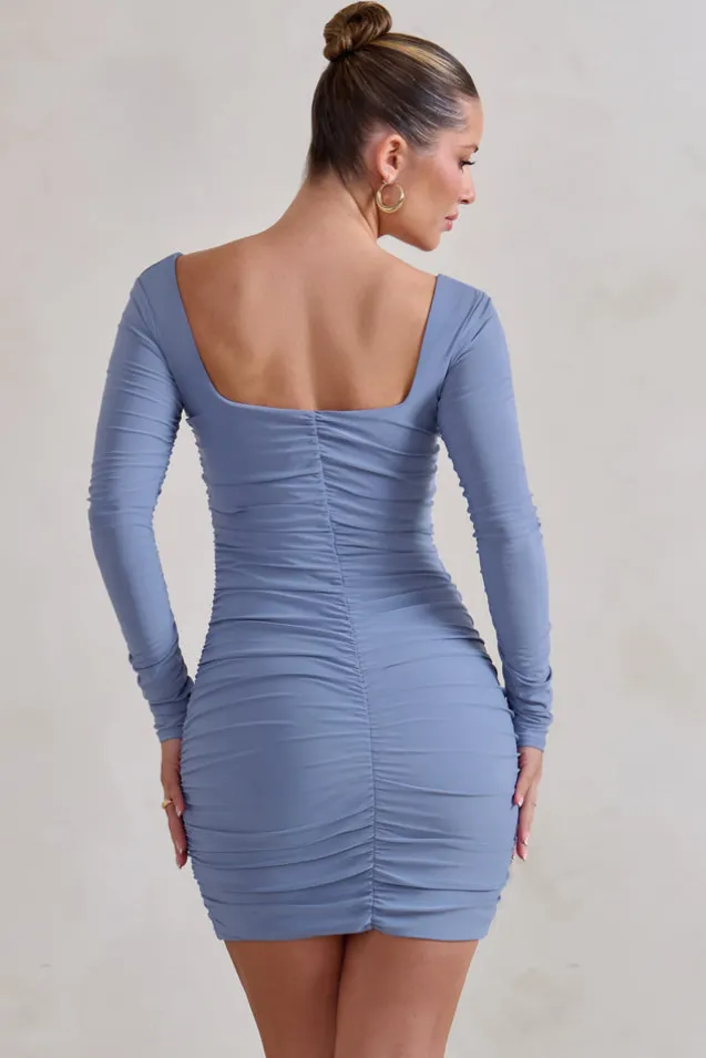 Muse | Cornflower Blue Long Sleeve Square Neck Ruched Mini Dress