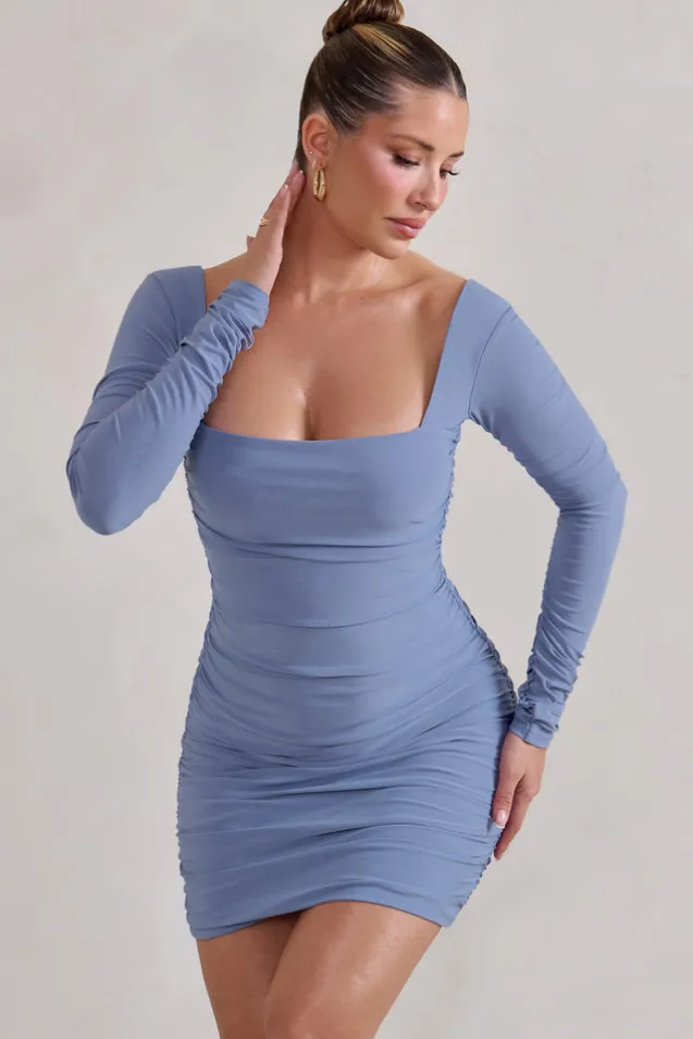 Muse | Cornflower Blue Long Sleeve Square Neck Ruched Mini Dress