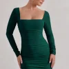 Muse | Green Long Sleeve Square Neck Ruched Mini Dress
