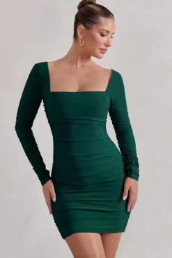 Muse | Green Long Sleeve Square Neck Ruched Mini Dress