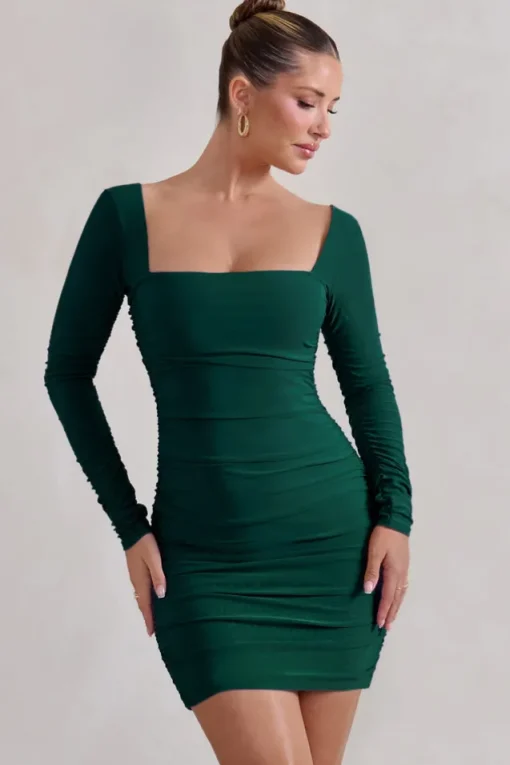 Muse | Green Long Sleeve Square Neck Ruched Mini Dress