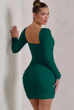 Muse | Green Long Sleeve Square Neck Ruched Mini Dress