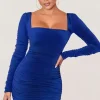 Muse | Royal Blue Long Sleeve Square Neck Ruched Mini Dress