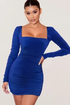 Muse | Royal Blue Long Sleeve Square Neck Ruched Mini Dress