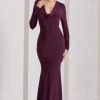 My Attention | Plum Plunge Cowl-Neck Long-Sleeve Maxi Dress