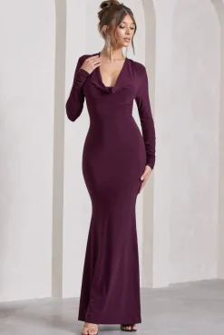 My Attention | Plum Plunge Cowl-Neck Long-Sleeve Maxi Dress