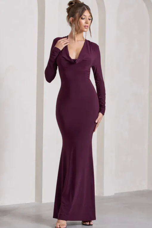 My Attention | Plum Plunge Cowl-Neck Long-Sleeve Maxi Dress