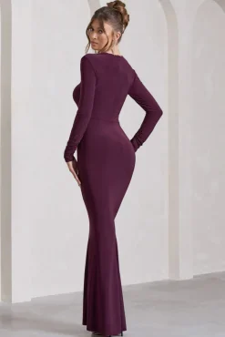 My Attention | Plum Plunge Cowl-Neck Long-Sleeve Maxi Dress