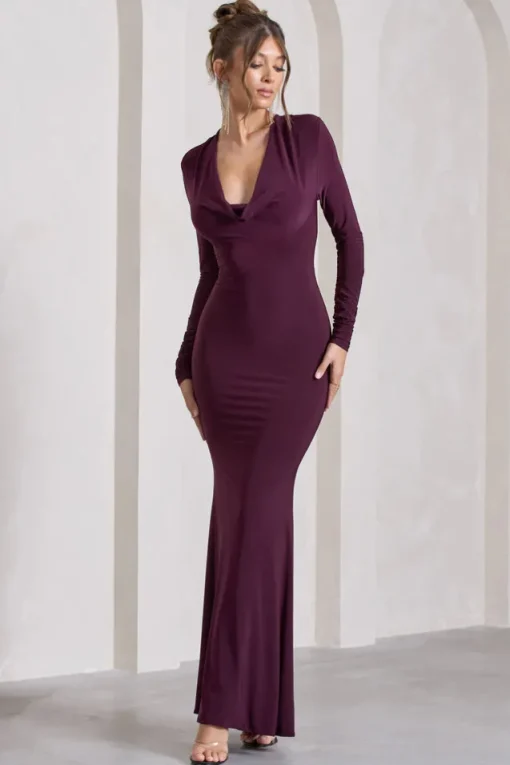 My Attention | Plum Plunge Cowl-Neck Long-Sleeve Maxi Dress