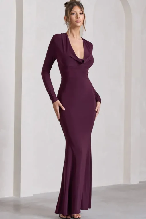 My Attention | Plum Plunge Cowl-Neck Long-Sleeve Maxi Dress
