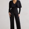 My Charm | Black Draped Plunge-Neck Straight-Leg Jumpsuit