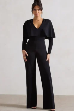My Charm | Black Draped Plunge-Neck Straight-Leg Jumpsuit