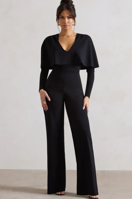 My Charm | Black Draped Plunge-Neck Straight-Leg Jumpsuit