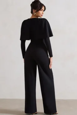 My Charm | Black Draped Plunge-Neck Straight-Leg Jumpsuit