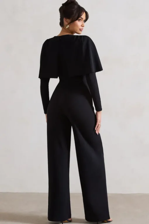 My Charm | Black Draped Plunge-Neck Straight-Leg Jumpsuit