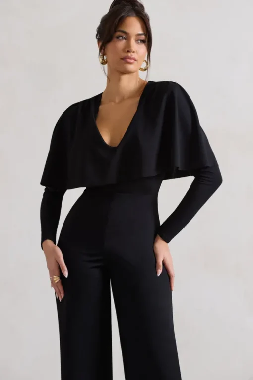 My Charm | Black Draped Plunge-Neck Straight-Leg Jumpsuit