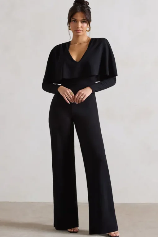 My Charm | Black Draped Plunge-Neck Straight-Leg Jumpsuit