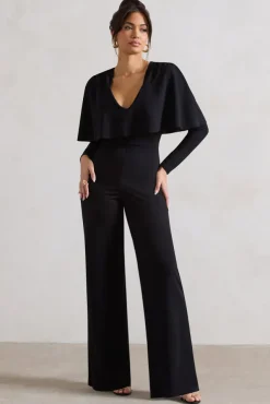 My Charm | Black Draped Plunge-Neck Straight-Leg Jumpsuit