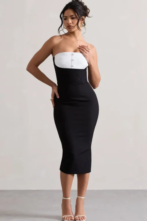 My Darling | Black Tailored Bandeau Split Midi Dress