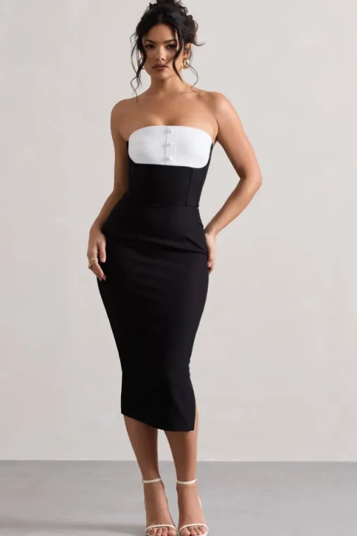My Darling | Black Tailored Bandeau Split Midi Dress