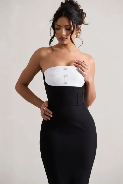My Darling | Black Tailored Bandeau Split Midi Dress