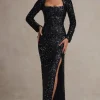 My Dream | Black Sequin Square-Neck Long-Sleeve Maxi Dress