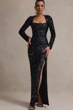 My Dream | Black Sequin Square-Neck Long-Sleeve Maxi Dress