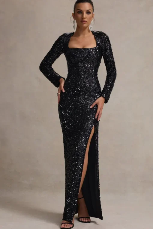 My Dream | Black Sequin Square-Neck Long-Sleeve Maxi Dress