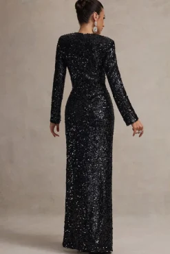 My Dream | Black Sequin Square-Neck Long-Sleeve Maxi Dress
