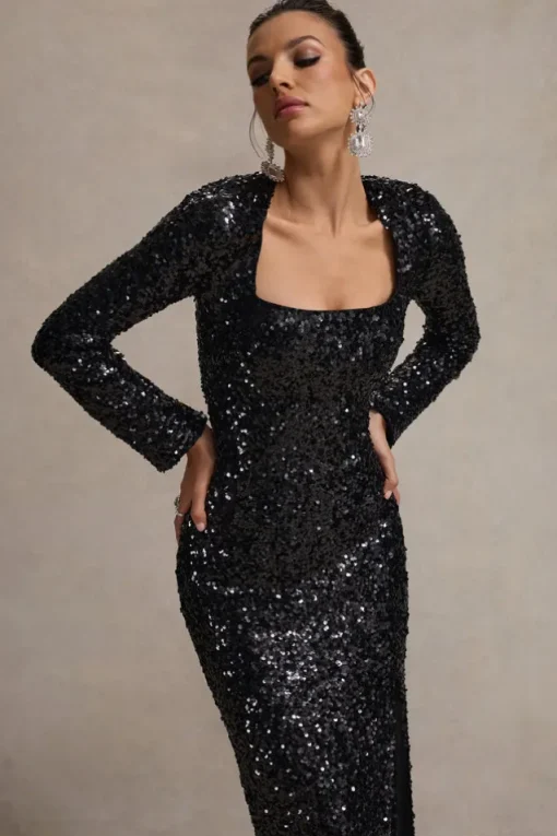 My Dream | Black Sequin Square-Neck Long-Sleeve Maxi Dress
