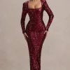 My Dream | Port Sequin Square-Neck Long-Sleeve Maxi Dress