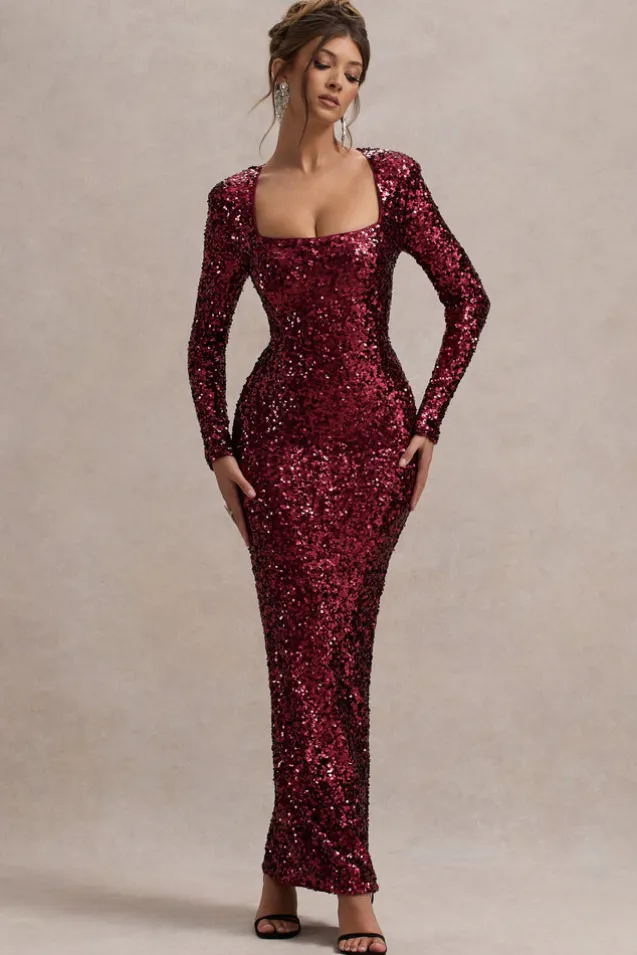 My Dream | Port Sequin Square-Neck Long-Sleeve Maxi Dress