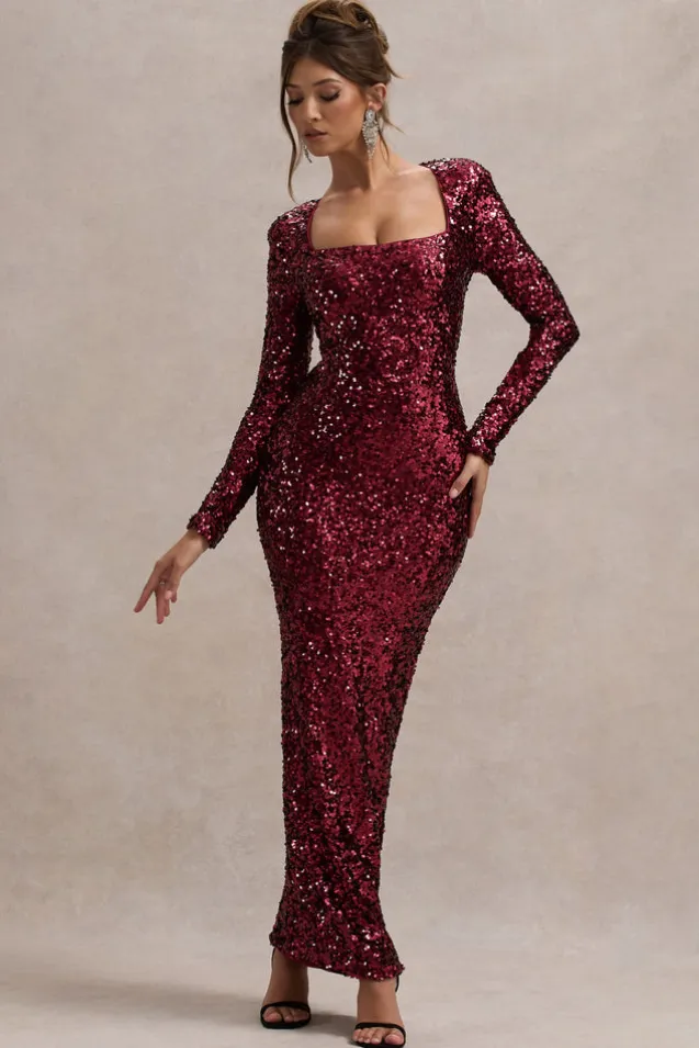 My Dream | Port Sequin Square-Neck Long-Sleeve Maxi Dress