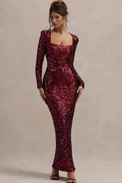 My Dream | Port Sequin Square-Neck Long-Sleeve Maxi Dress