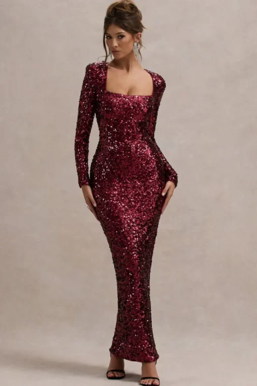 My Dream | Port Sequin Square-Neck Long-Sleeve Maxi Dress