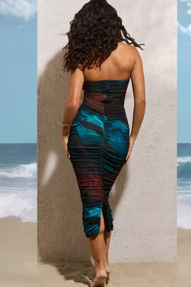 My Girl | Blue Print Strapless Bodycon Ruched Mesh Midi Dress