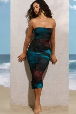 My Girl | Blue Print Strapless Bodycon Ruched Mesh Midi Dress