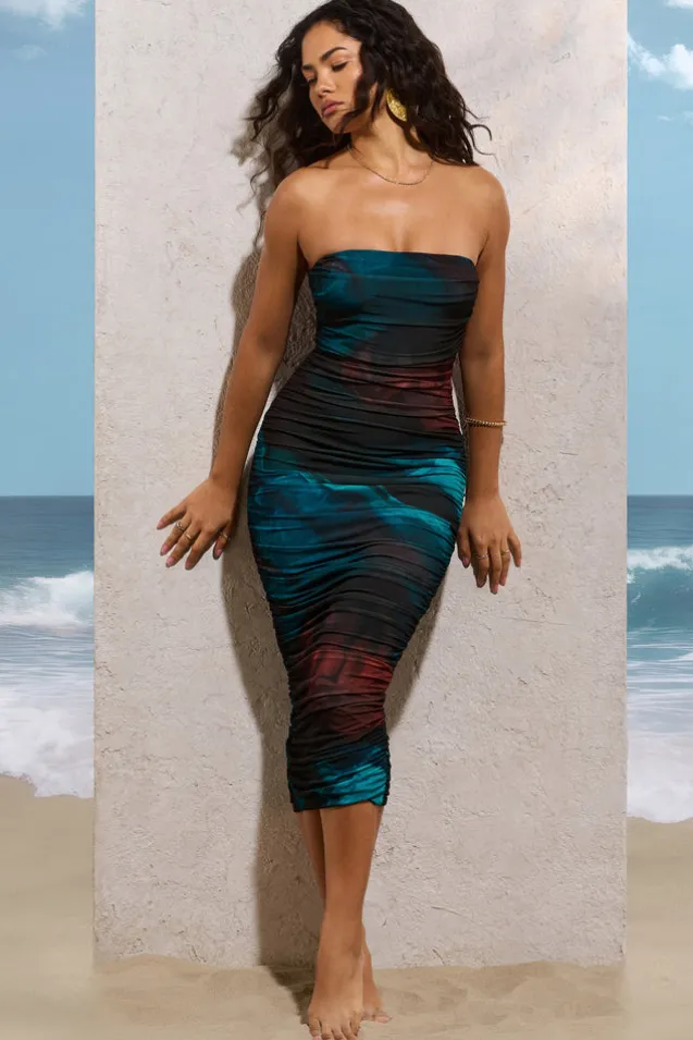 My Girl | Blue Print Strapless Bodycon Ruched Mesh Midi Dress