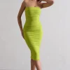 My Girl | Green Strapless Bodycon Ruched Mesh Midi Dress