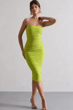 My Girl | Green Strapless Bodycon Ruched Mesh Midi Dress
