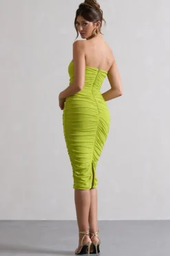 My Girl | Green Strapless Bodycon Ruched Mesh Midi Dress