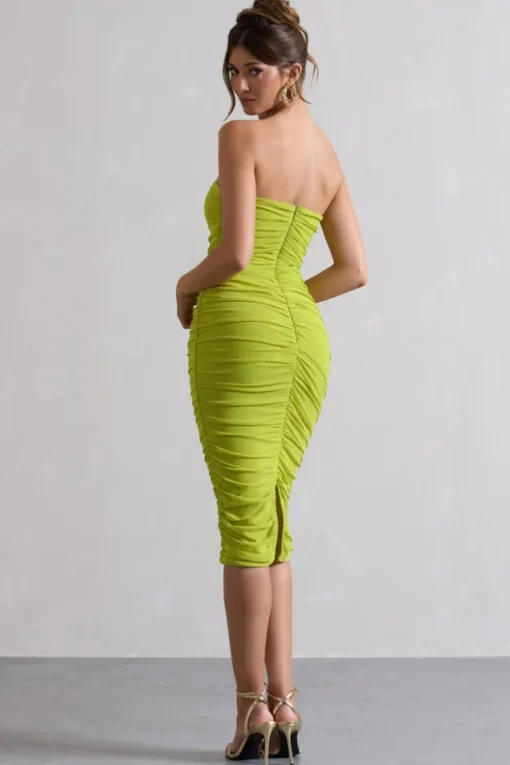 My Girl | Green Strapless Bodycon Ruched Mesh Midi Dress