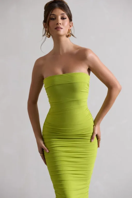My Girl | Green Strapless Bodycon Ruched Mesh Midi Dress